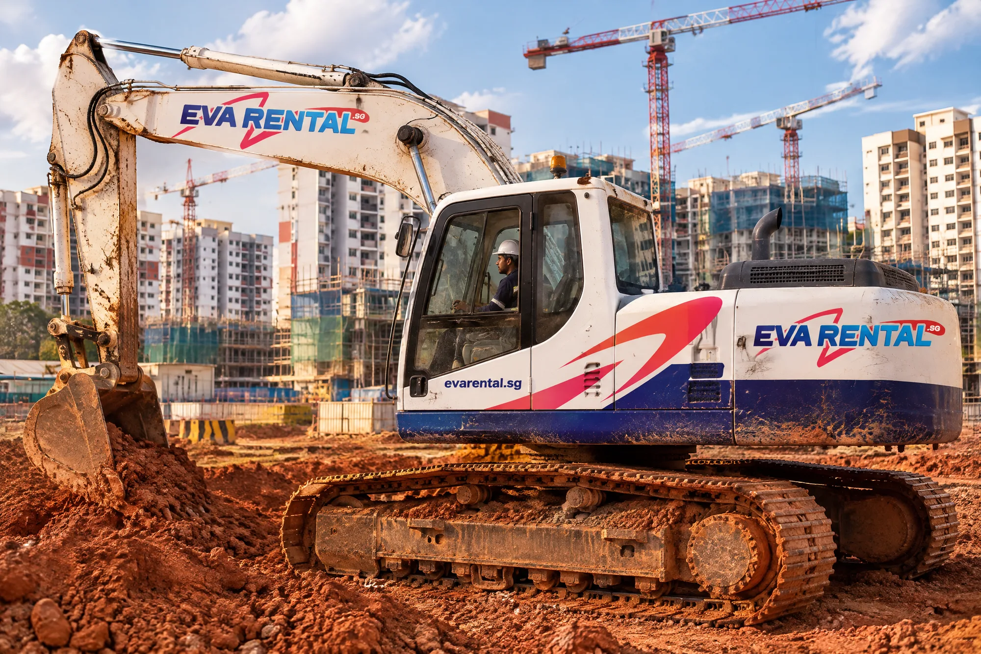 Eva Rental: Brand identity and a booking-first website for a new excavator, vibro hammer and auger rental company in Singapore.